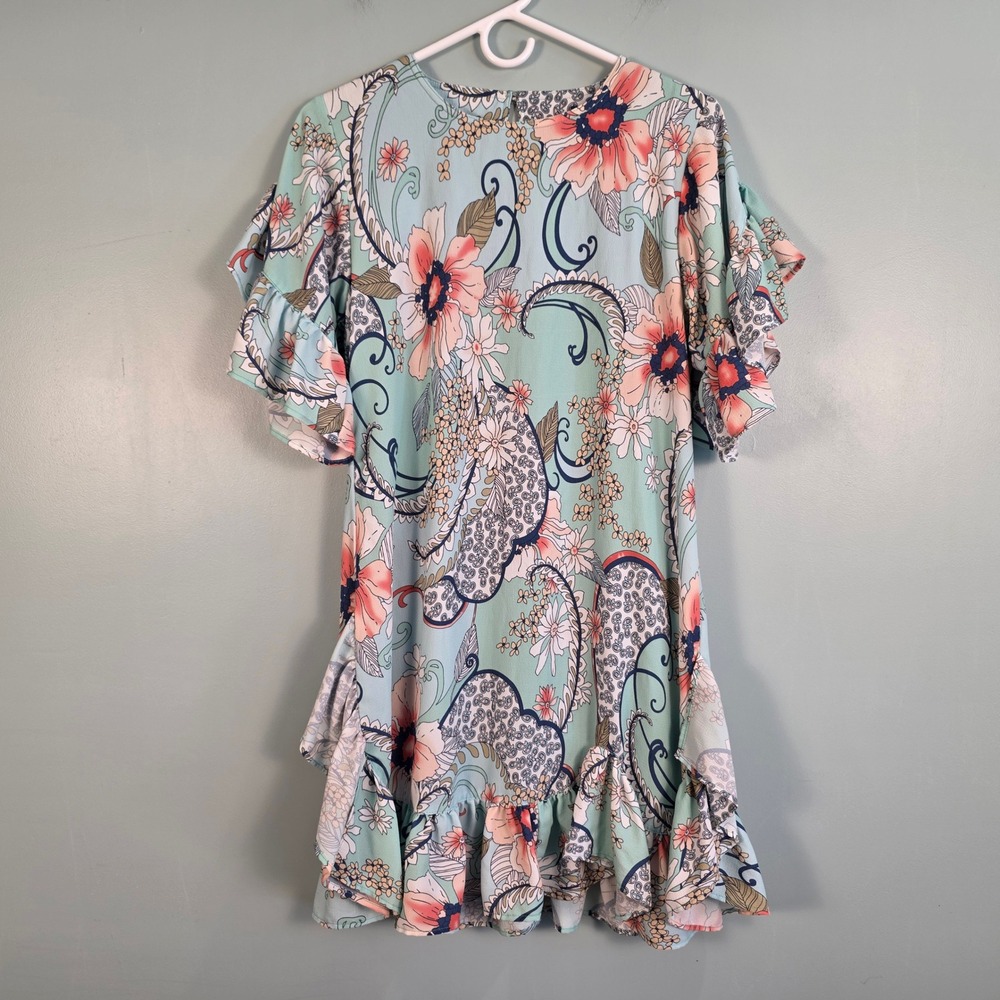 Uncle Frank Womens Floral Paisley Ruffle Shift Dress Mint Green XS 75422 Boho
